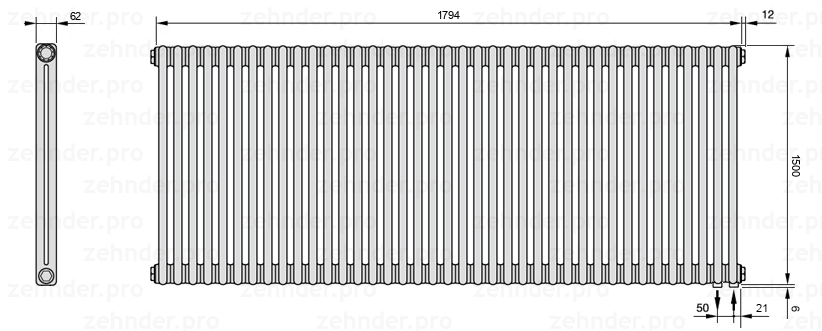 Схема (чертеж) Радиатор Zehnder Charleston 2150/39 №5510 Белый глянцевый RAL 9016
